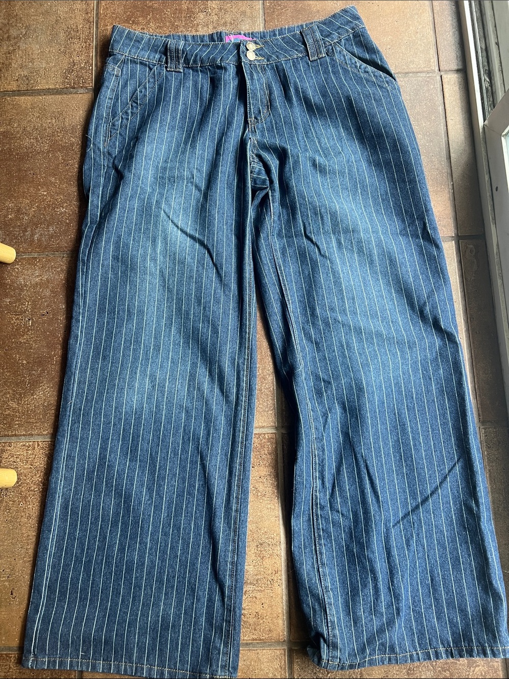 Edikted Pinstripe Denim Trousers - Blue with Pink Tag